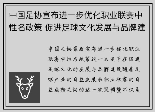 中国足协宣布进一步优化职业联赛中性名政策 促进足球文化发展与品牌建设 中国足协宣布进一步优化职业联赛中性名政策 促进足球文化发展与品牌建设